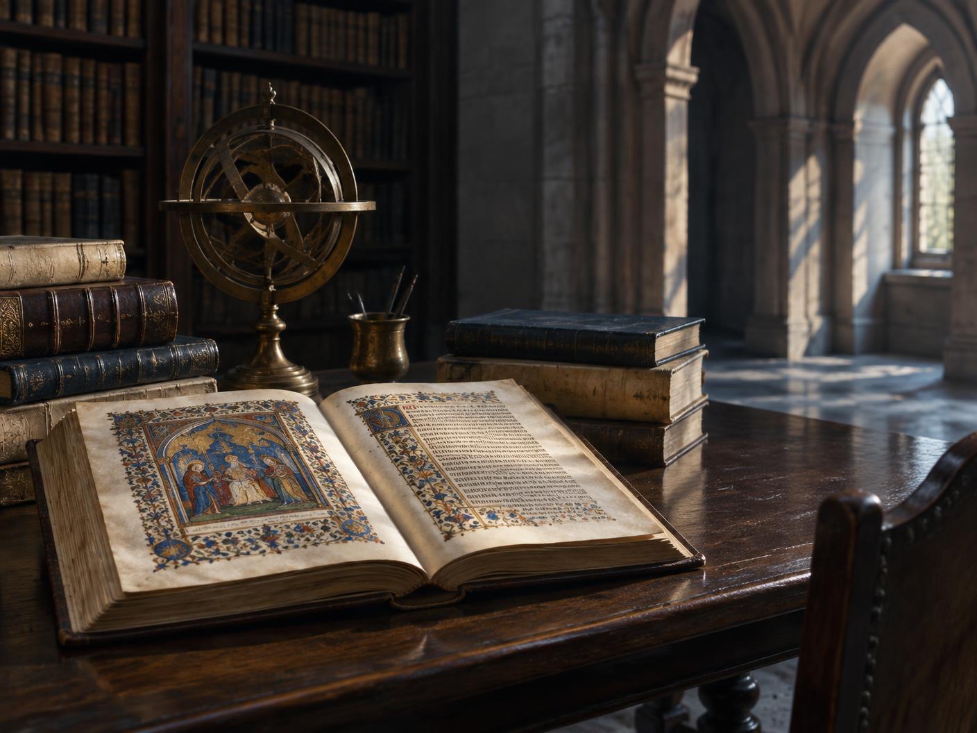Illuminated manuscript and scholarly books in a historic library